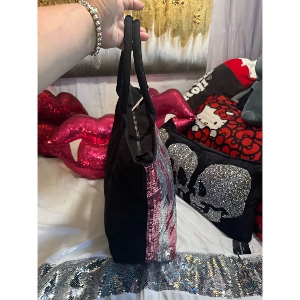 Victorias secret/Vs shopper tote beach bag black/pink signature stripe sequin